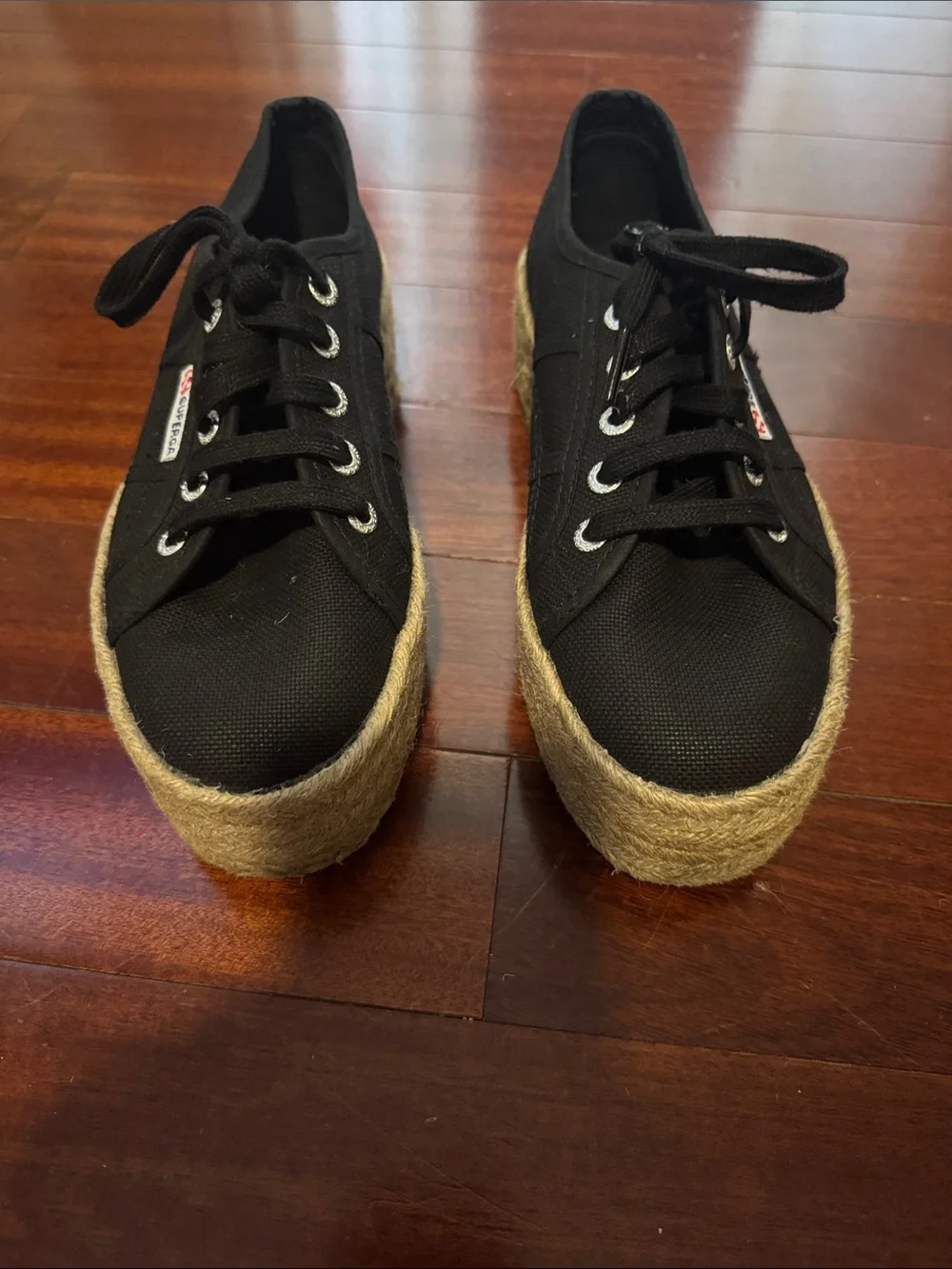 Superga Black Canvas Platform Espadrilles with Jute Wrap 37.5/7.5